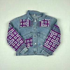 Fashion Classic Light Wash Denim Jacket Purple Tribal Print Sequin R Embellished